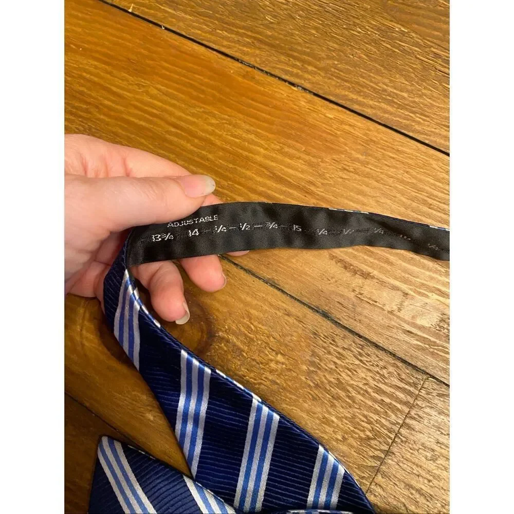 The Tie Bar blue white adjustable striped bow tie 100% Silk